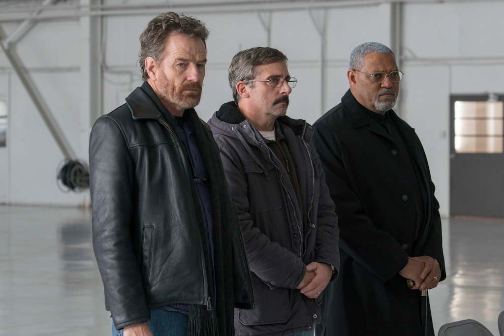 (Wilson Webb/Lionsgate via AP) This image released by Lionsgate shows Bryan Cranston, from left, Steve Carell and Laurence Fishburne in a scene from "Last Flag Flying."