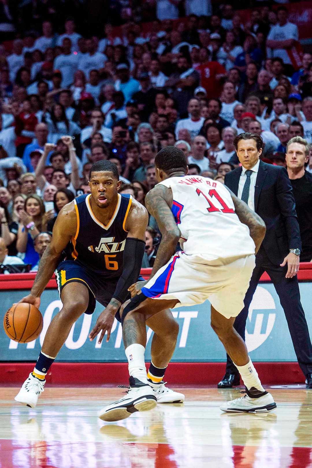(Chris Detrick | Tribune file photo) Utah Jazz forward Joe Johnson (6) runs around LA Clippers guard Jamal Crawford (11) for the game-winning shot during Game 1 of the Western Conference first round playoffs at the Staples Center Saturday, April 15, 2017.  Utah Jazz defeated LA Clippers 97-95.
