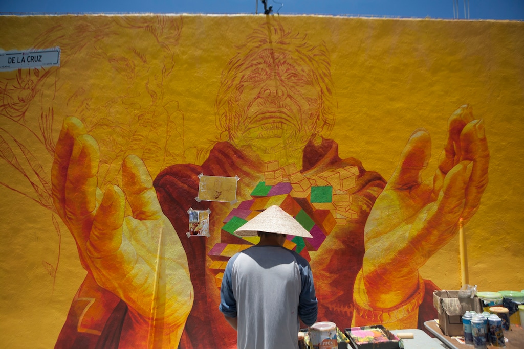Irving Trejo, of the artist collective German Crew, paints a section of a mural in the Palmitas neighborhood of Pachuca, Thursday, July 30, 2015. The German Crew artist collective responsible for the project, claims it is Mexico's largest mural. They have spent the last 14 months creating trust with the community, and working with residents to paint their homes with bright colorful designs. (AP Photo/Sofia Jaramillo)