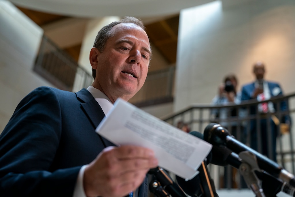 (J. Scott Applewhite | AP Photo) House Intelligence Committee Chairman Adam Schiff, D-Calif., speaks to reporters after the panel met behind closed doors with national intelligence inspector general Michael Atkinson about a whistleblower complaint, at the Capitol in Washington, Thursday, Sept. 19, 2019.