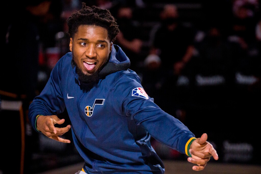 (Trent Nelson  |  The Salt Lake Tribune) Utah Jazz guard Donovan Mitchell (45) as the Utah Jazz host the New Orleans Pelicans, NBA basketball in Salt Lake City on Monday, Oct. 11, 2021.