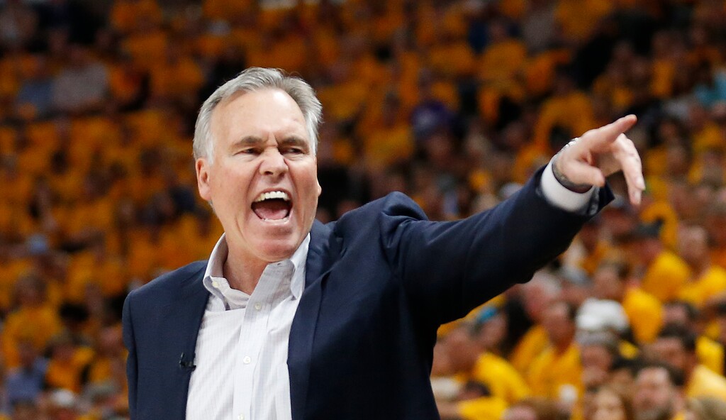 Houston Rockets head coach Mike D'Antoni shouts to his team during the first half in Game 4 of an NBA basketball second-round playoff series against the Utah Jazz, Sunday, May 6, 2018, in Salt Lake City. (AP Photo/Rick Bowmer)