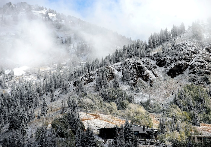(Steve Griffin | The Salt Lake Tribune) A fall storm leaves a trace of snow in Little Cottonwood Canyon in Salt Lake City Friday September 22, 2017.