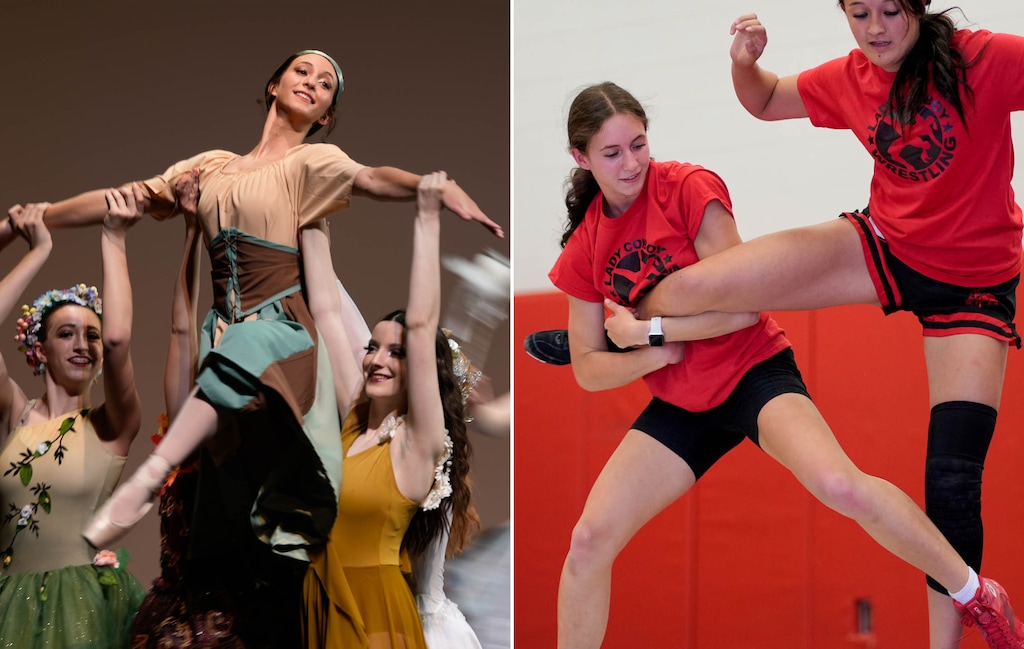 (Francisco Kjolseth | The Salt Lake Tribune) Sophia Camargo, a 15-year-old Grantsville High School freshman, performs in the Tooele Academy of Dance’s ballet production of “Cinderella,” left. Camargo is also a recent convert to the sport of wrestling, right.