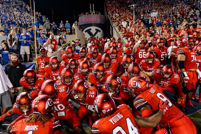 (Trent Nelson | The Salt Lake Tribune)  Utah takes the field as BYU hosts Utah on Saturday, September 9, 2017.