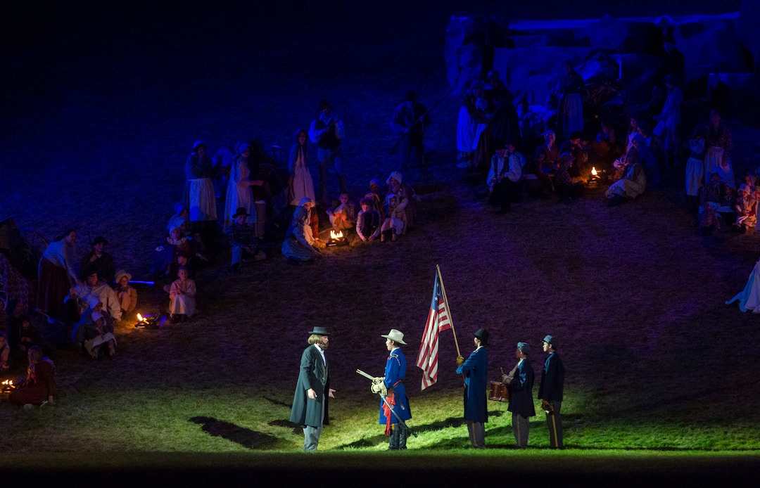 (Rick Egan  |  The Salt Lake Tribune)    The Army asks Brigham Young for recruits in Mormon Miracle Pageant Wednesday, June 12, 2019.  The final run for the pageant continues through Saturday, June 22.