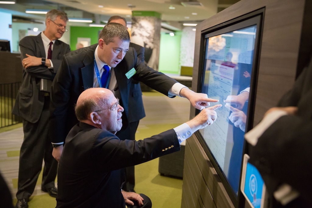 (Courtesy LDS Church) Robert Abrams, former New York attorney general, and other Jewish leaders were hosted by the LDS Church in a tour of Temple Square. Abrams collaborated with FamilySearch to research some of his family and show him the results at the Discovery Center.