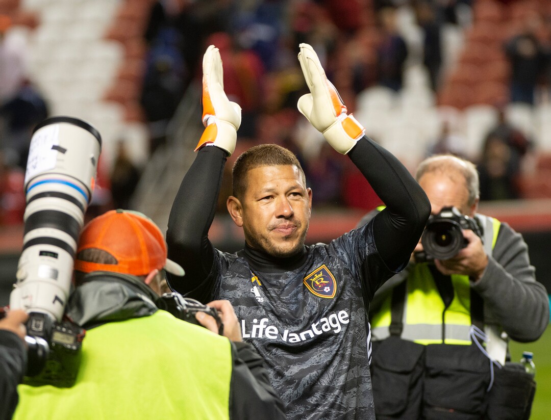 (Rick Egan  |  The Salt Lake Tribune)      Real Salt Lake goalkeeper Nick Rimando (18) waves to the crowd as Real Salt Lake defeats the Houston Dynamo 2-1 in his last regular season home game, in MLS soccer action, at Rio Tinto Stadium, Sunday, Sept. 29, 2019.