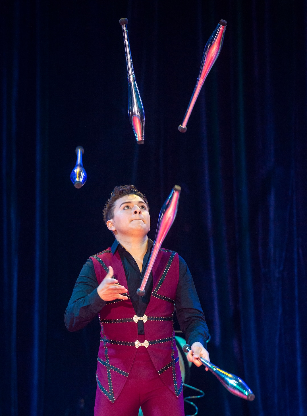 (Rick Egan  |  The Salt Lake Tribune)  Rinaldo, dances with Cathy Austin, from Juggler Noel Agular performs during the Big Top Circus Spectacular, at the Utah State Fair, Sunday, Sept. 8, 2019.