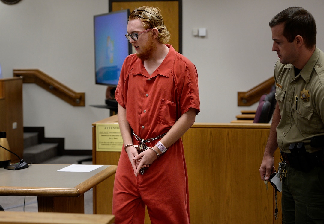 (Scott Sommerdorf   |  The Salt Lake Tribune)   Defendant Tyerell Joe Przybycien, 18, of Spanish Fork, returns to court following a break that was taken after the video showing the hanging death was shown during his preliminary hearing, Wednesday, August 23, 2017.  Przybycien is charged with first-degree felony murder for buying items used by a 16-year-old girl to hang herself on May 5 in Utah County.  Przybycien also recorded the girl's death, according to charges.