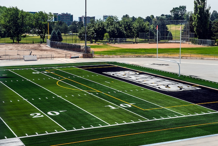(Chris Detrick  |  The Salt Lake Tribune)  The artificial turf football field at Highland High School Friday July 3, 2015.