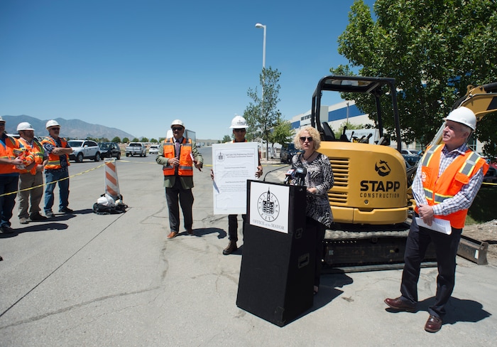 (Rick Egan | The Salt Lake Tribune) Salt Lake City Mayor Jackie Biskupski announces the start of the city’s 2018 road construction season at a new conference at 720 South Gladiola Street. A total of ten projects are scheduled for completion by the City’s Engineering Division through a combined investment of $5 million. Monday, June 11, 2018.