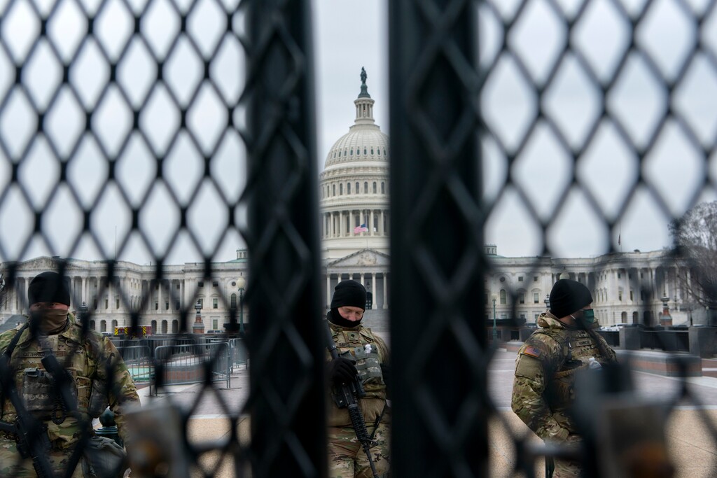 (Jose Luis Magana | AP photo)

Members of the National Guard patrol the area outside of the U.S. Capitol during the impeachment trial of former President Donald Trump at the Capitol in Washington, Friday, Feb. 12, 2021.