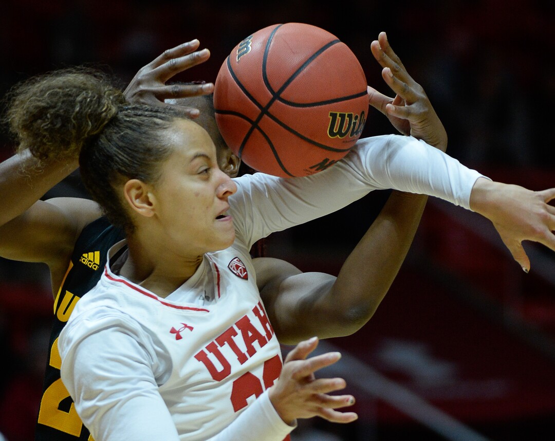 (Francisco Kjolseth  |  The Salt Lake Tribune)  Utah Utes guard/forward Daneesha Provo (23) battlesArizona State Sun Devils forward Sophia Elenga (21)  in Utes' Pac-12 home opener at the Jon M Huntsman Center on Friday, Jan. 4, 2019. They're off to one of their best starts in team history.