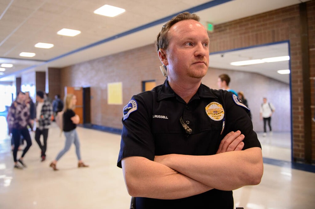(Trent Nelson | The Salt Lake Tribune)  Detective Scott Russell of the South Jordan Police Department on duty at Bingham High School in South Jordan, where he serves as a resource officer, Friday Feb. 16, 2018.