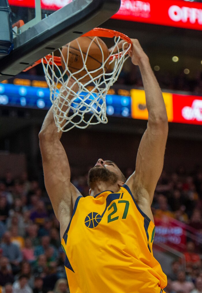 (Rick Egan  |  The Salt Lake Tribune)     Utah Jazz center Rudy Gobert (27) dunks the ball, in NBA action between the Utah Jazz and the Minnesota Timberwolves in Salt Lake City, Monday, Nov. 18, 2019.
