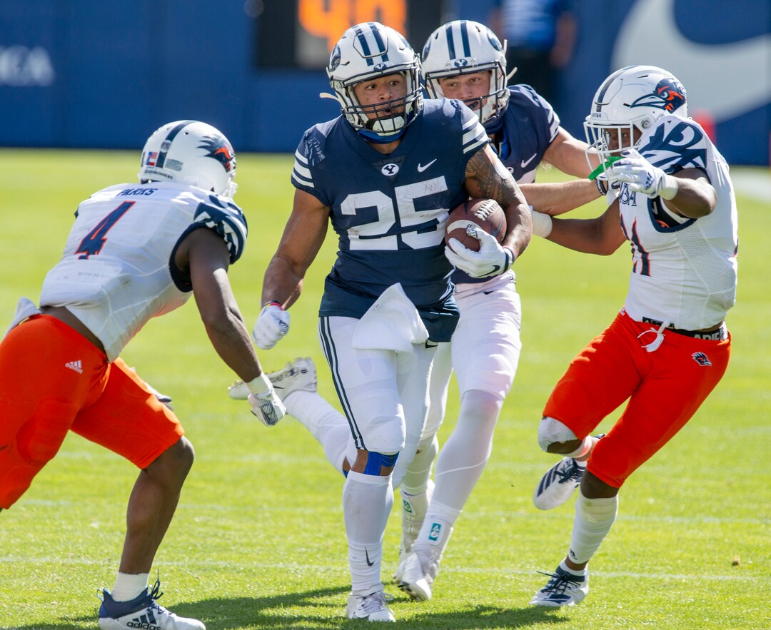 (Rick Egan  |  The Salt Lake Tribune)  Brigham Young running back Tyler Allgeier (25) runs the ball for the Cougars, in football action between the Brigham Young Cougars and the UTSA Roadrunners, at Lavell Edwards stadium, Saturday, Oct. 10, 2020.