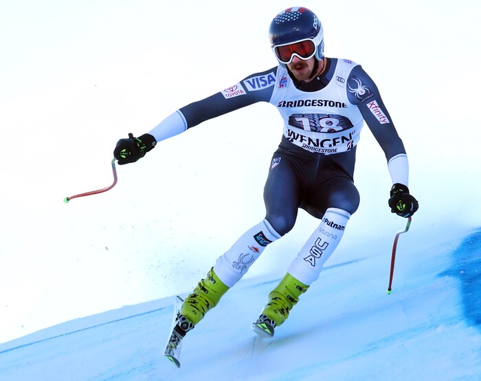 United States' Bryce Bennett competes during the first portion of an alpine ski, men's World Cup combined race, in Wengen, Switzerland, Friday, Jan. 12, 2018. (AP Photo/Alessandro Trovati)