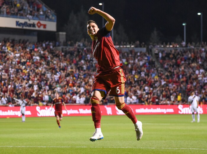 (Francisco Kjolseth  |  The Salt Lake Tribune)  Real Salt Lake midfielder Damir Kreilach (6) celebrates his hat trick against the L.A. Galaxy during the second half of the MLS soccer match Saturday, Sept. 1, 2018, in Sandy at Rio Tinto Stadium.
