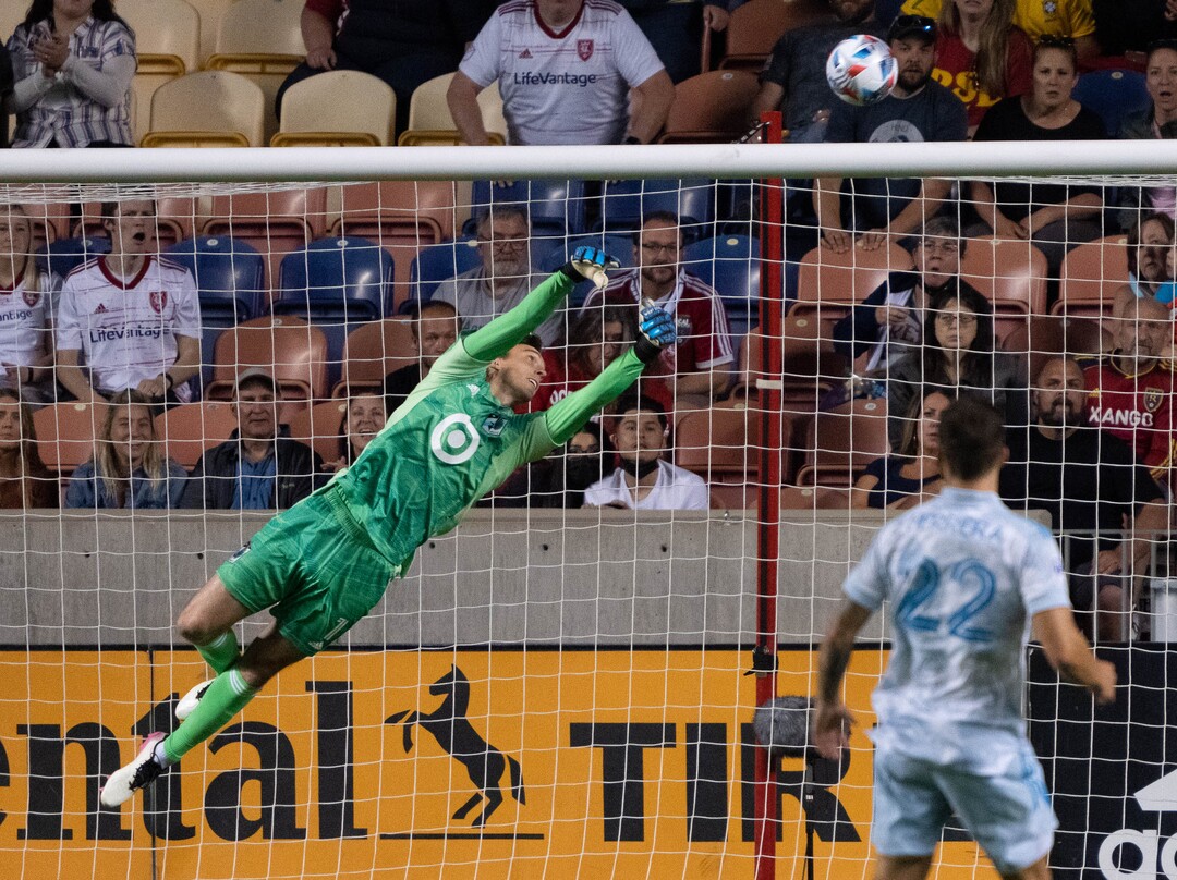 (Francisco Kjolseth | The Salt Lake Tribune) Minnesota United goalkeeper Tyler Miller (1) makes the block in MLS action between Real Salt Lake and Minnesota United FC at Rio Tinto Stadium in Sandy, on Saturday, May 29, 2021.
