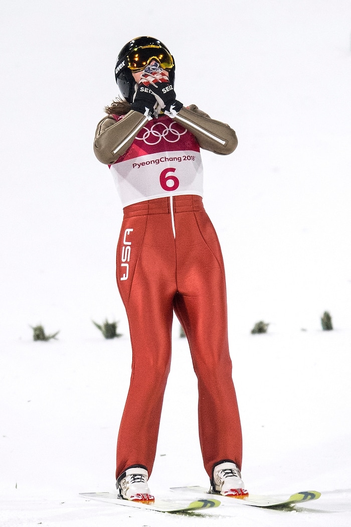 (Chris Detrick  |  The Salt Lake Tribune)  USA's Abby Ringquist reacts after competing in the Ladies' Normal Hill Individual at the Alpensia Ski Jumping during the Pyeongchang 2018 Winter Olympics Monday, February 12, 2018.  Ringquist finished in 29th place with a total of 144.4.