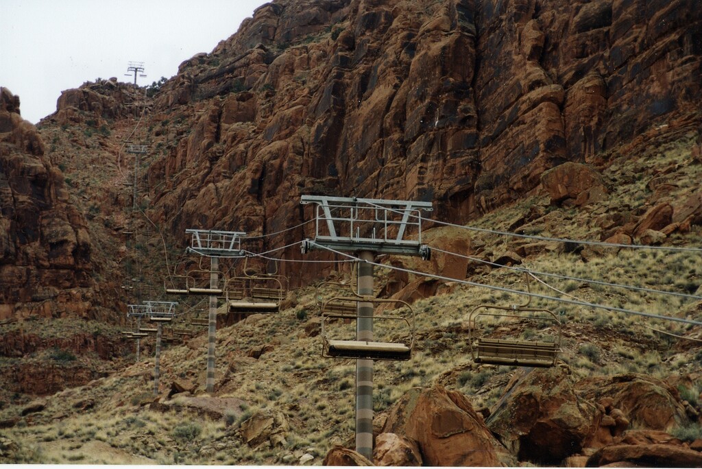 (Van Mays) The Moab Skyway, pictured in 1999 when the chairlift attraction opened, carried riders nearly 1,000 feet above the Moab and Spanish valleys, offering stunning views and access to downhill mountain biking trails.