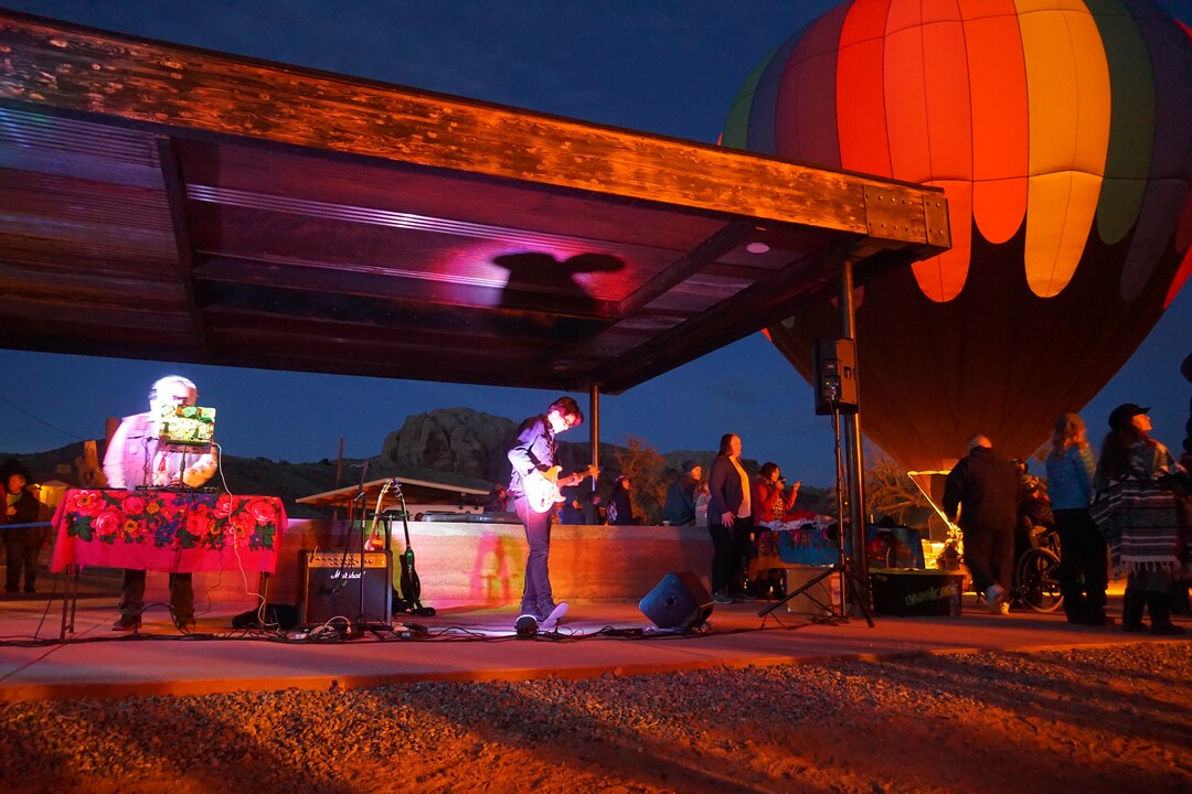 (Zak Podmore | The Salt Lake Tribune) Krieg Benally of Neon Nativez (left) and Tyler Tisi perform at the Bluff International Balloon Festival on Saturday, Jan. 18, 2020.