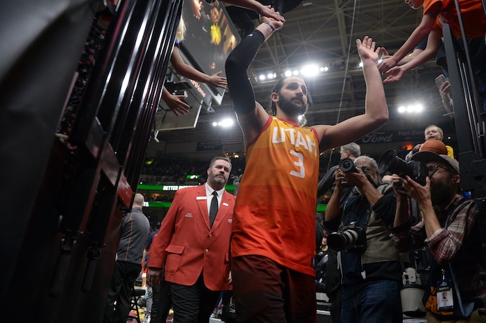 (Leah Hogsten  |  The Salt Lake Tribune) Utah Jazz guard Ricky Rubio (3) had 6 rebounds, 8 assists and 31 points during the game.  The Utah Jazz defeated the Los Angeles Lakers 117-110 at Vivint Smart Home Arena Tuesday, April 3, 2018

