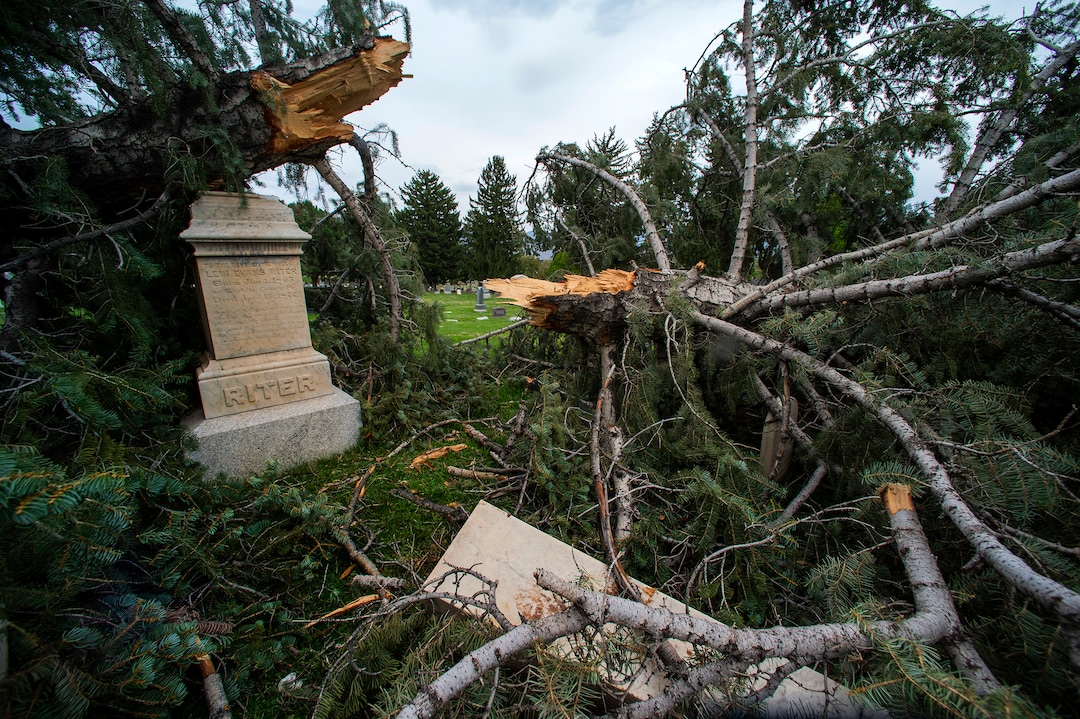 (Rick Egan  |  The Salt Lake Tribune)    Hundreds of headstones in the Salt Lake City Cemetery were damages in the recent wind storm, Friday, Sept. 18, 2020.