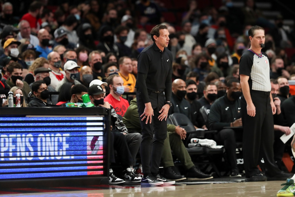 (Amanda Loman | AP) Utah Jazz coach Quin Snyder calls out to players during the second half of the team's NBA basketball game against the Portland Trail Blazers in Portland, Ore., Wednesday, Dec. 29, 2021.
