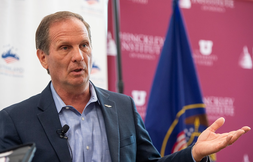 (Chris Samuels | The Salt Lake Tribune) U.S. Rep. Chris Stewart, R-Utah, speaks at an event for the Sutherland Institute at the University of Utah, Thursday, Aug. 3, 2023.