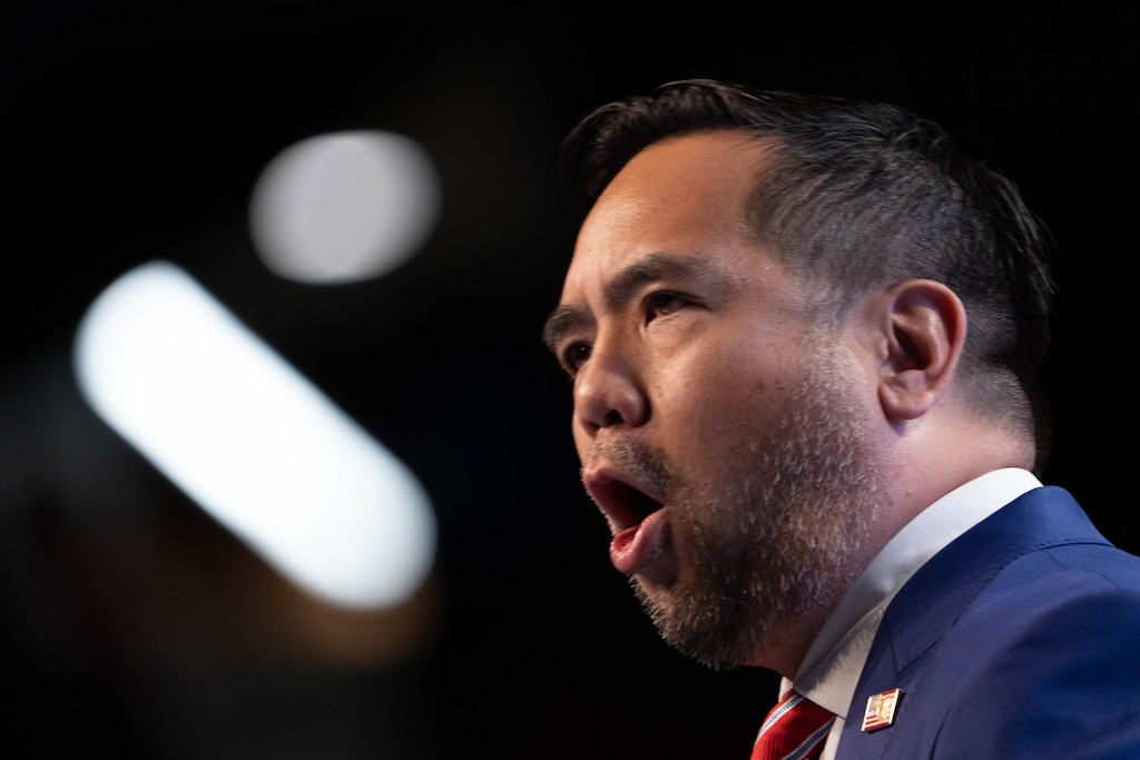 (Francisco Kjolseth | The Salt Lake Tribune) Utah Attorney General Sean Reyes speaks with delegates attending the Utah Republican Party’s 2021 Organizing Convention at the Maverik Center in West Valley City on Saturday, May 1, 2021, as they return to an in-person format after the pandemic forced the nominating convention to go online last year.