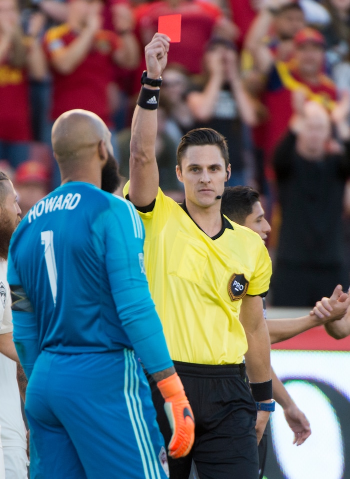 (Rick Egan  |  The Salt Lake Tribune)    Colorado Rapids goalkeeper Tim Howard (1) gets a red card, in MLS soccer action, RSL vs Colorado Rapids at Rio Tinto Stadium, Saturday, April 21, 2018.


