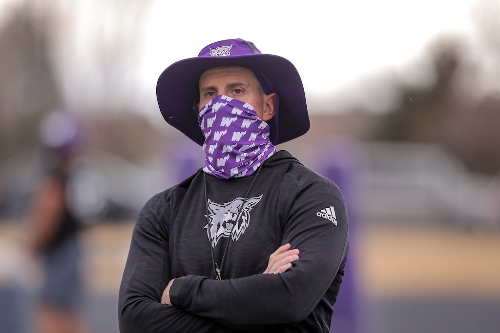 Weber State football coach Jay Hill oversees the first practice of the season, Jan. 29 in Ogden. (Photo courtesy: Weber State University)