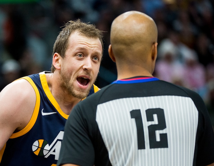 (Rick Egan  |  The Salt Lake Tribune)   Utah Jazz forward Joe Ingles (2) pleads his case with referee Violet Palmer (12), in NBA action Utah Jazz vs Cleveland Cavaliers, in Salt Lake City,  Saturday, December 30, 2017.


