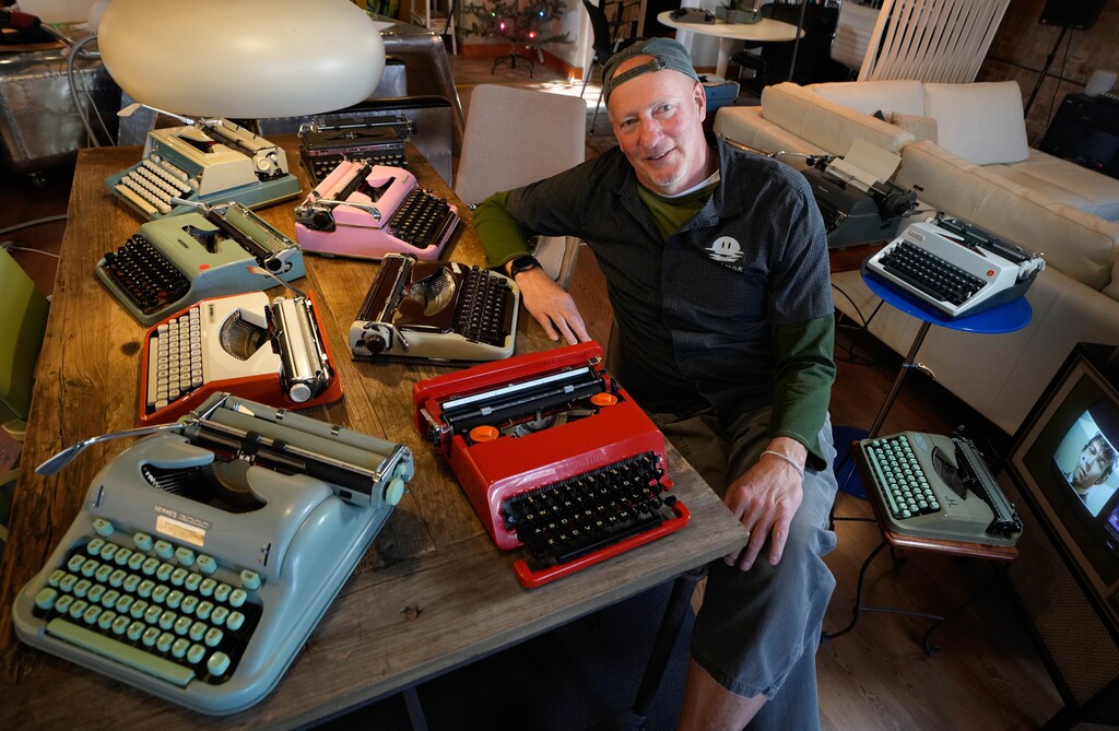 (Francisco Kjolseth | The Salt Lake Tribune) Reed Sherman shows off some of his typewriter collection in Salt Lake City on Tuesday, Dec. 16, 2025.