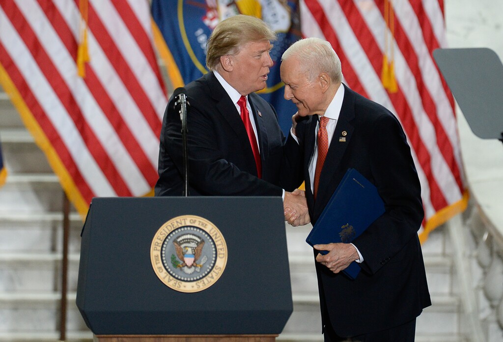 (Francisco Kjolseth  |  The Salt Lake Tribune)  U.S. President Donald Trump is joined by Senator Orrin Hatch  at the Utah Capitol on Monday, Dec. 4, 2017, to sign a presidential proclamation to shrink Bears Ears and Grand Staircase-Escalante national monuments.