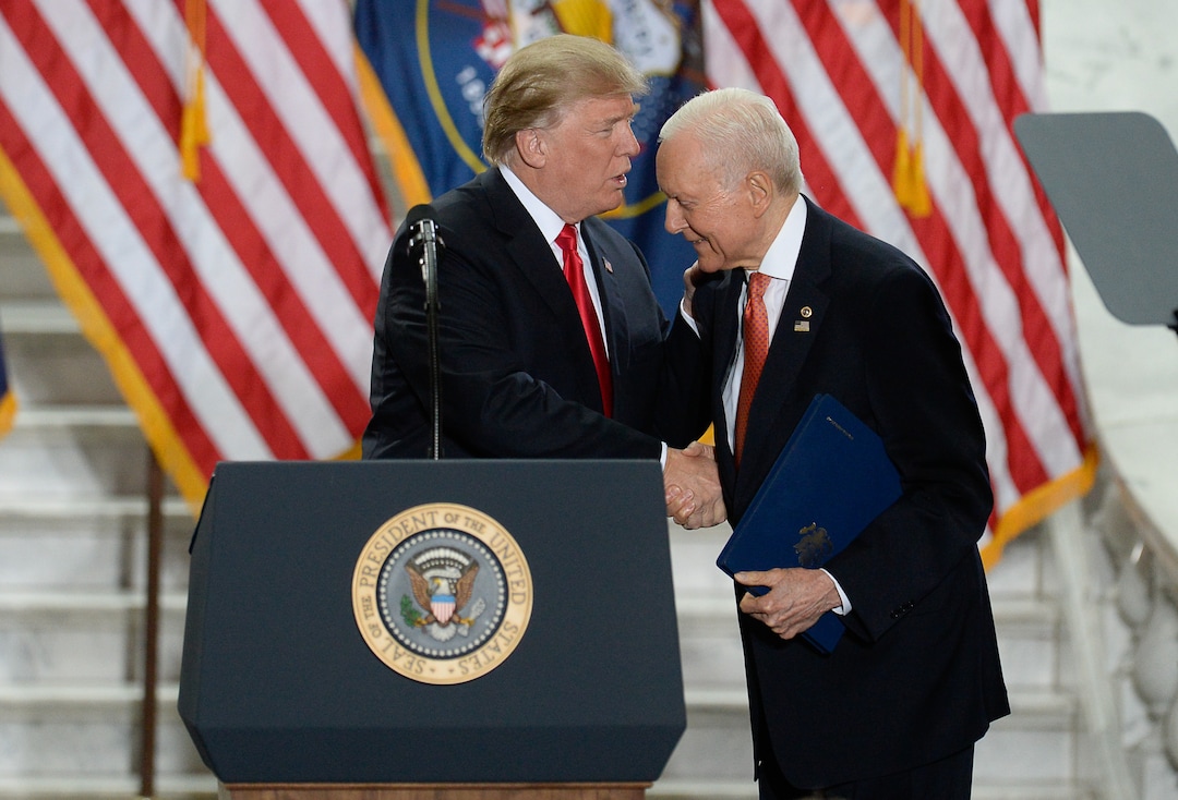 (Francisco Kjolseth  |  The Salt Lake Tribune)  U.S. President Donald Trump is joined by Senator Orrin Hatch  at the Utah Capitol on Monday, Dec. 4, 2017, to sign a presidential proclamation to shrink Bears Ears and Grand Staircase-Escalante national monuments.