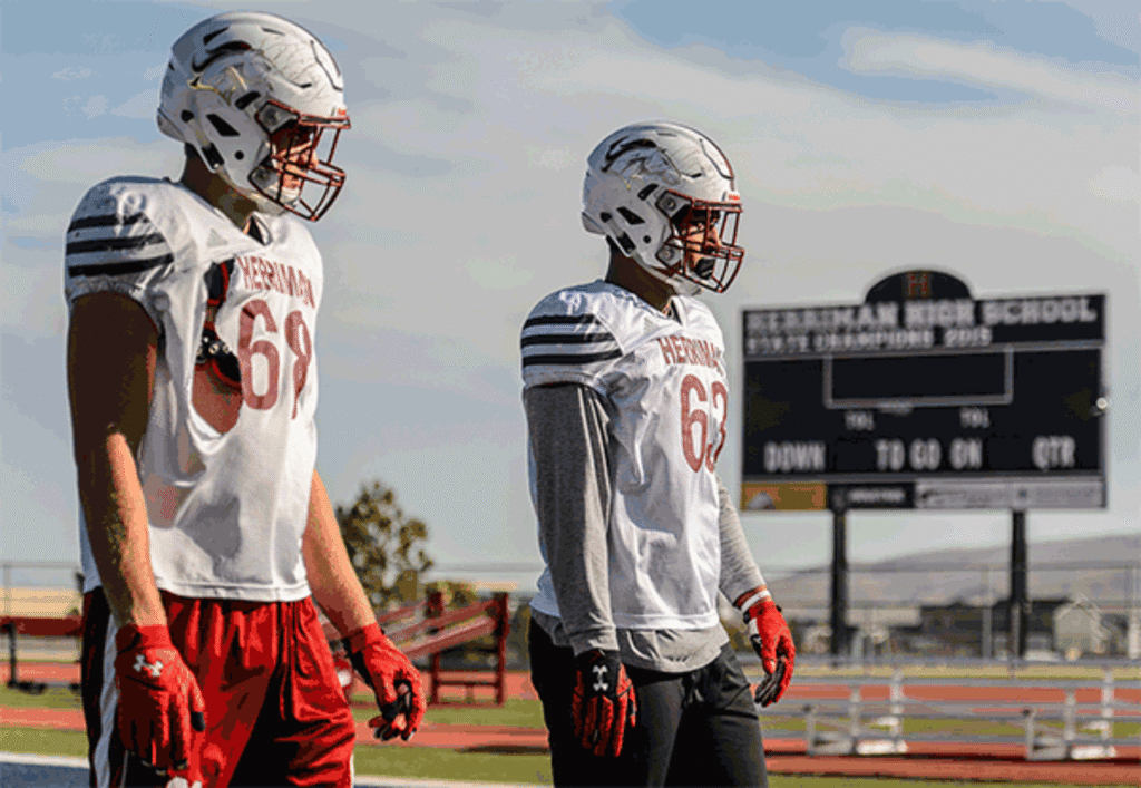 (Trent Nelson | The Salt Lake Tribune)  Herriman's Jaren Kump and David Fotu both have committed to the University of Utah's football program. Wednesday October 11, 2017.