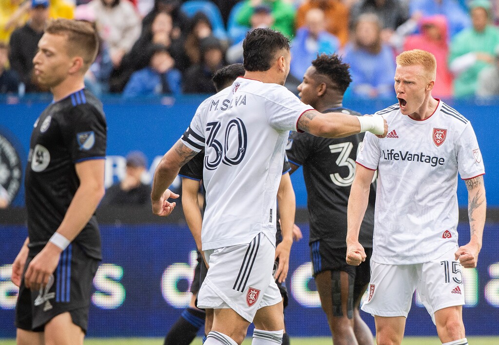 Real Salt Lake's Justen Glad (15) reacts after scoring against CF Montreal during the second half of an MLS soccer game in Montreal, Sunday, May 22, 2022. (Graham Hughes/The Canadian Press via AP)