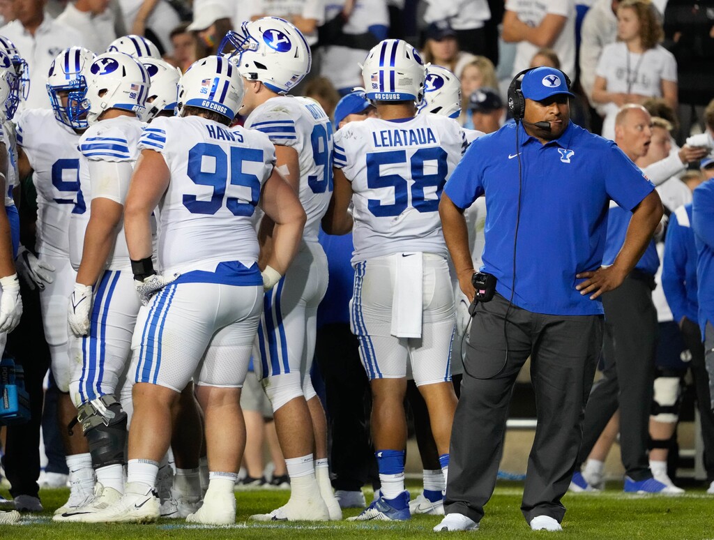 (Francisco Kjolseth | The Salt Lake Tribune) Brigham Young Cougars head coach Kalani Sitake stands on the sideline at LaVell Edwards Stadium in September.