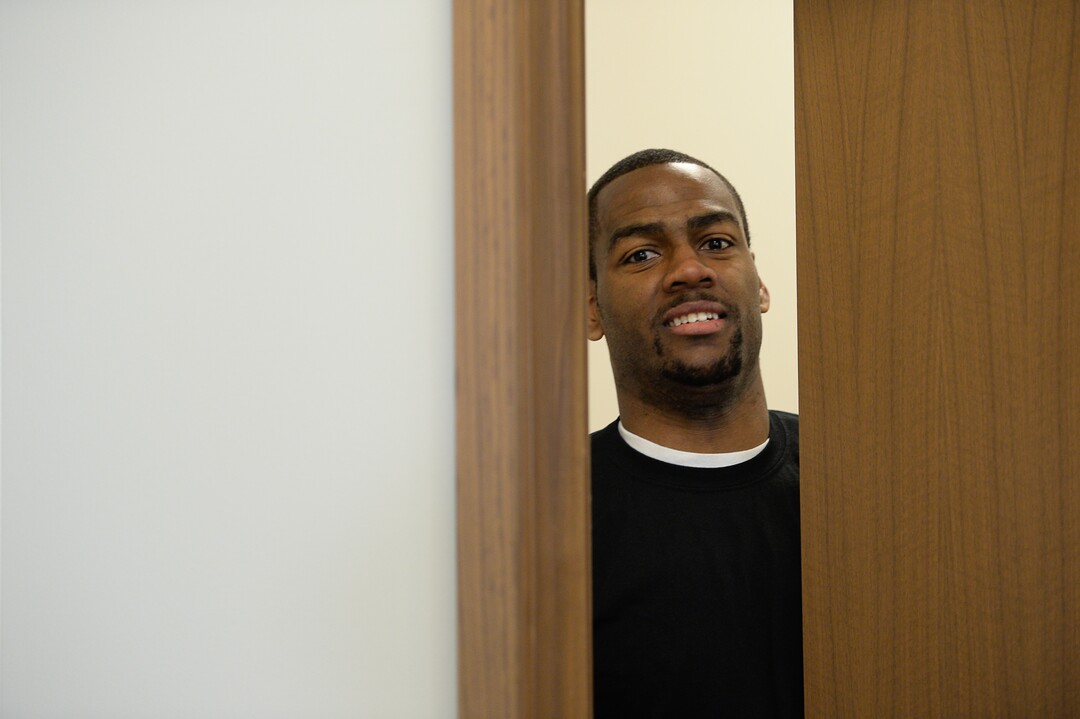 (Francisco Kjolseth  |  The Salt Lake Tribune)  Utah Jazz      guard Alec Burks peeks in on Ricky Rubio's interview with the media as he tries to get him to move along during exit interviews at their practice facility in Salt Lake City Wed., May 8, 2018, after losing to the Houston Rockets in game 5 of their Western Conference Semifinals during the 2018 NBA Playoffs.