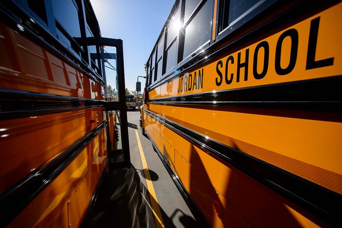 (Trent Nelson | The Salt Lake Tribune)
Thirty-six new CNG school buses have been added to the Jordan School District fleet this year, bringing the total to 105, the largest fleet of CNG school buses in Utah. Wednesday Sept. 12, 2018.