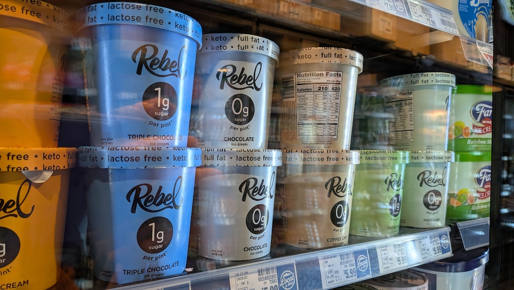 (Paighten Harkins | The Salt Lake Tribune) Pints of Rebel Creamery ice cream on a grocery store shelves in Salt Lake City on Aug. 18, 2026.