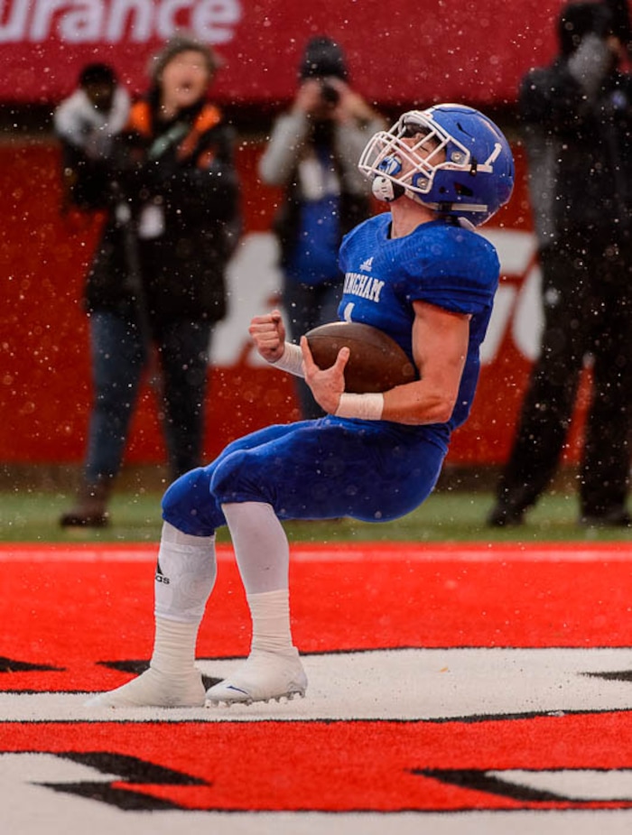 (Trent Nelson | The Salt Lake Tribune)  Bingham's Braedon Wissler (1) scores a touchdown as East faces Bingham in the Class 6A High School State Football Championship game in Salt Lake City, Friday November 17, 2017.