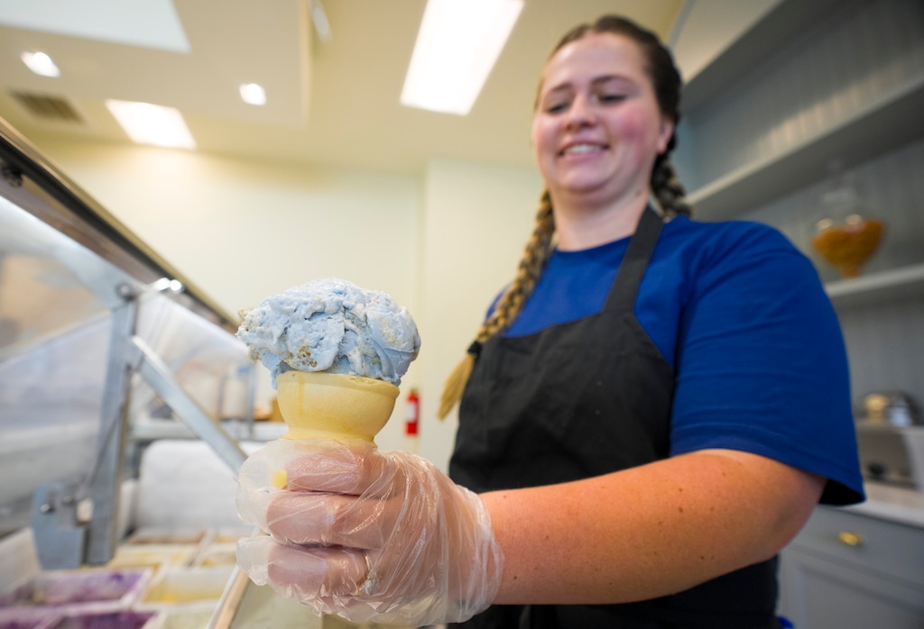 (Bethany Baker  |  The Salt Lake Tribune) Store manager Kendra Tanner holds an ice cream cone with the flavor called ÒThe Fox,Ó  a marshmallow fluff and graham cracker swirl combination with a vanilla base, at Rockwell Ice Cream in South Jordan on Monday, July 20, 2026.