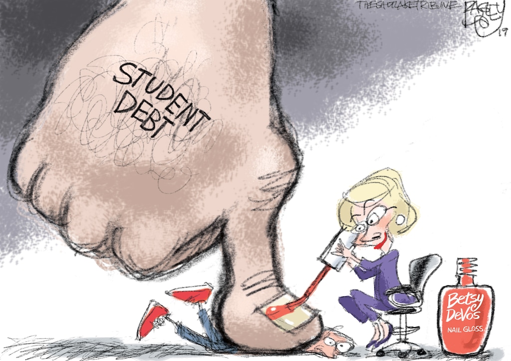 (Pat Bagley | The Salt Lake Tribune)  This Pat Bagley cartoon, titled "Crushing Student Loan Debt," appears in The Salt Lake Tribune on Tuesday, April 23, 2019.