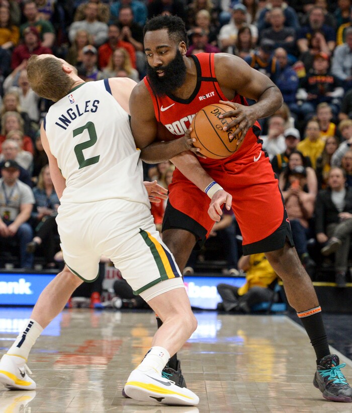 (Leah Hogsten  |  The Salt Lake Tribune)  Utah Jazz guard Joe Ingles (2) and Houston Rockets guard James Harden (13).  The Utah Jazz lost to the Houston Rockets 110-120 at Vivint Arena, Feb. 22, 2020.