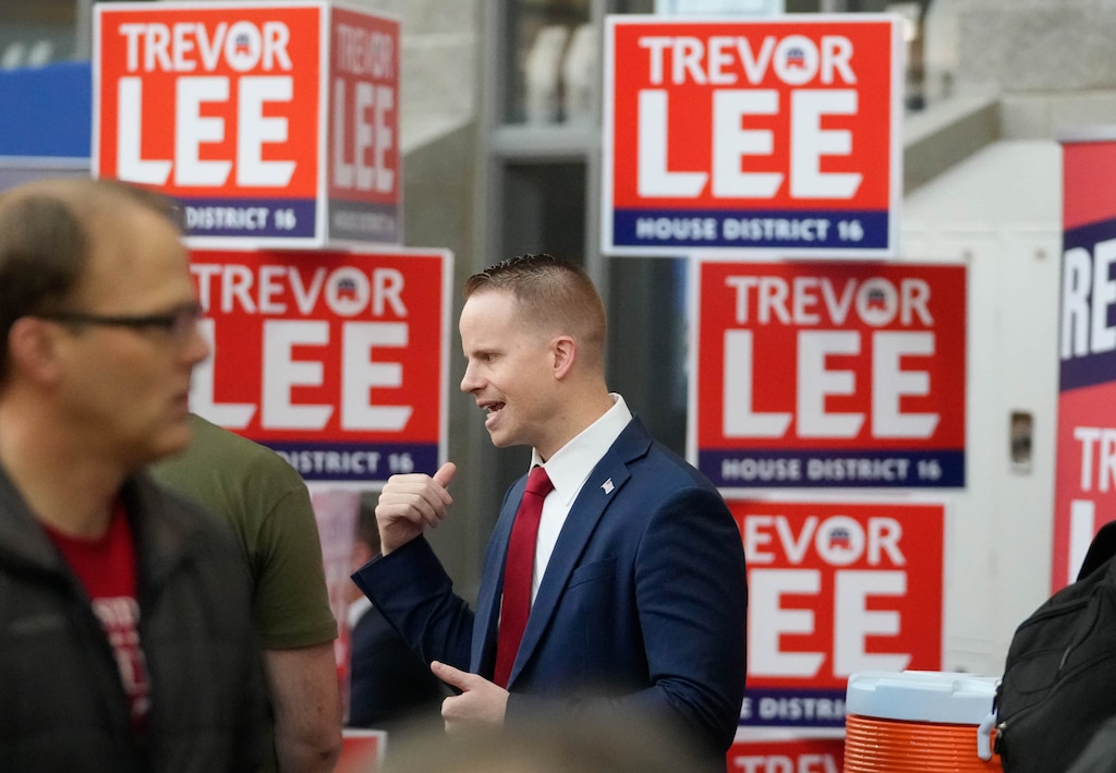 (Francisco Kjolseth | The Salt Lake Tribune) Rep. Trevor Lee, R-Layton, running for reelection, speaks with delegates during the Davis County Republican Party nominating convention at Syracuse High School on Saturday, April 18, 2026.