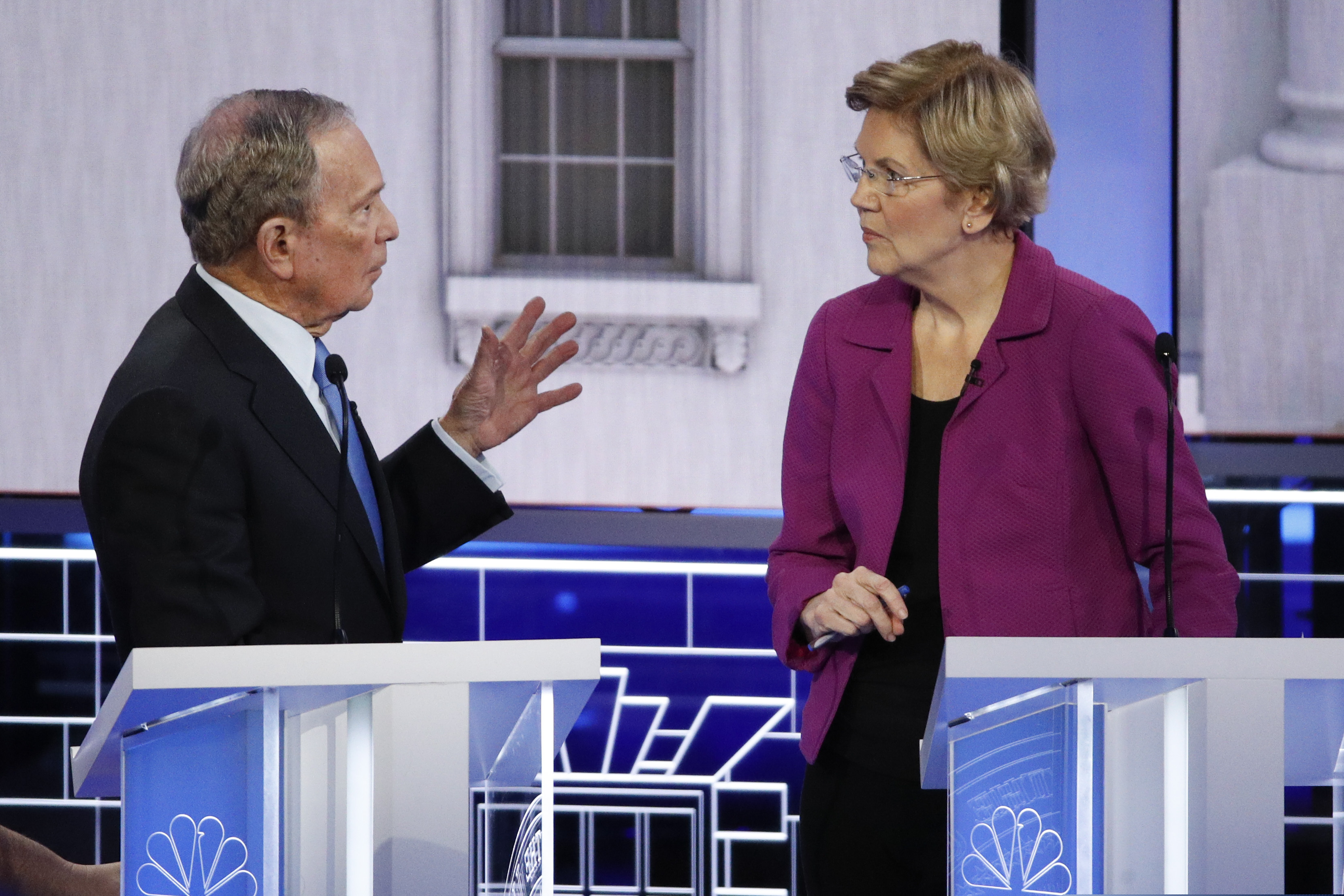 (John Locher | AP) Democratic presidential candidate, former New York City Mayor Mike Bloomberg talks with Sen. Elizabeth Warren, D-Mass., during a break at a Democratic presidential primary debate Wednesday, Feb. 19, 2020, in Las Vegas, hosted by NBC News and MSNBC.